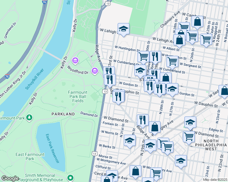 map of restaurants, bars, coffee shops, grocery stores, and more near 3221 Ridge Avenue in Philadelphia