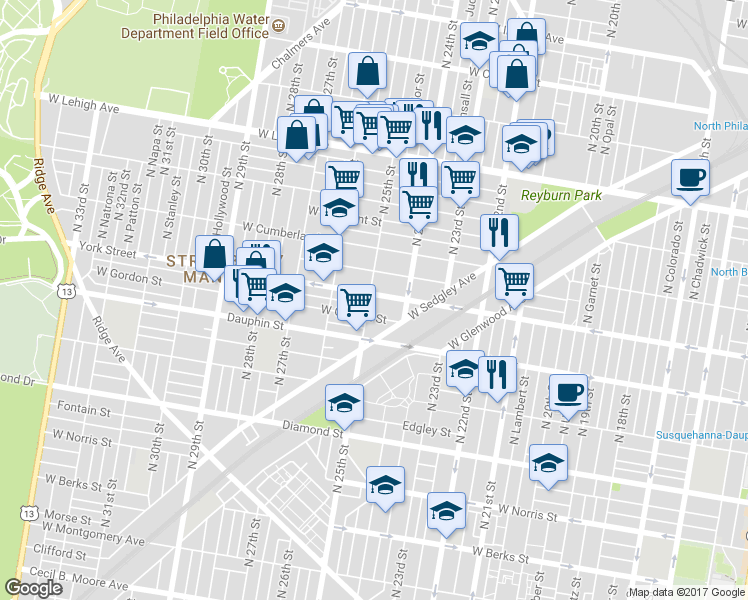 map of restaurants, bars, coffee shops, grocery stores, and more near 2355 North 25th Street in Philadelphia