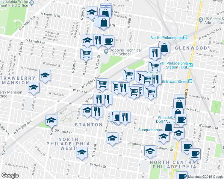 map of restaurants, bars, coffee shops, grocery stores, and more near 2028 West Hagert Street in Philadelphia
