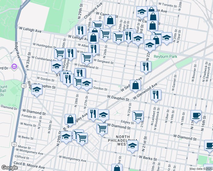 map of restaurants, bars, coffee shops, grocery stores, and more near 2519 West Arizona Street in Philadelphia