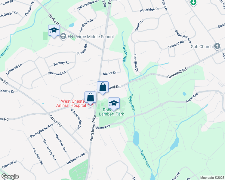 map of restaurants, bars, coffee shops, grocery stores, and more near 14 Greenhill Road in West Chester