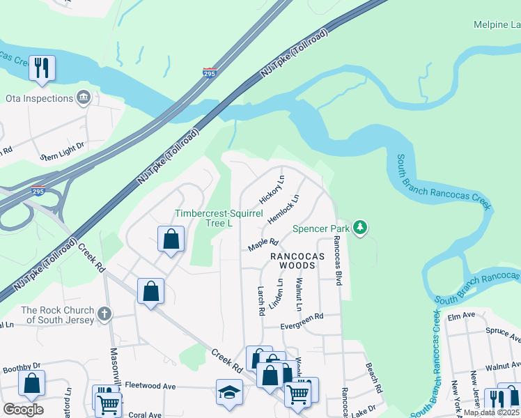 map of restaurants, bars, coffee shops, grocery stores, and more near 407 Hickory Lane in Mount Laurel Township
