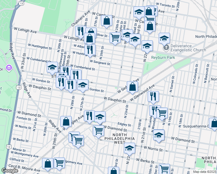 map of restaurants, bars, coffee shops, grocery stores, and more near 2355 North 25th Street in Philadelphia