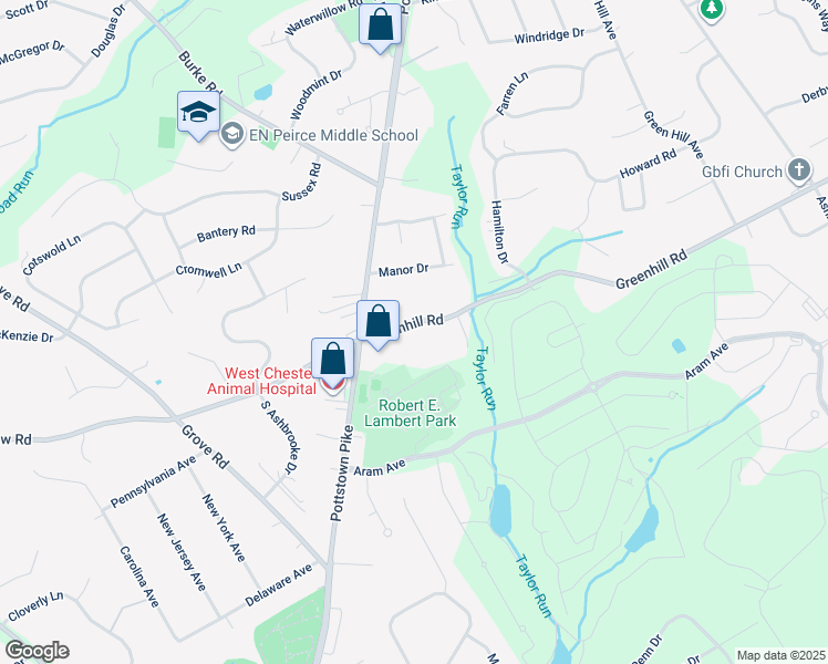 map of restaurants, bars, coffee shops, grocery stores, and more near 14 Greenhill Road in West Chester