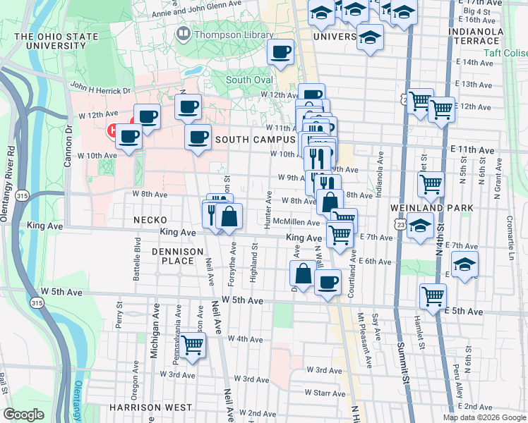 map of restaurants, bars, coffee shops, grocery stores, and more near 1445 Hunter Avenue in Columbus
