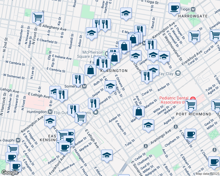 map of restaurants, bars, coffee shops, grocery stores, and more near 1912 East Monmouth Street in Philadelphia