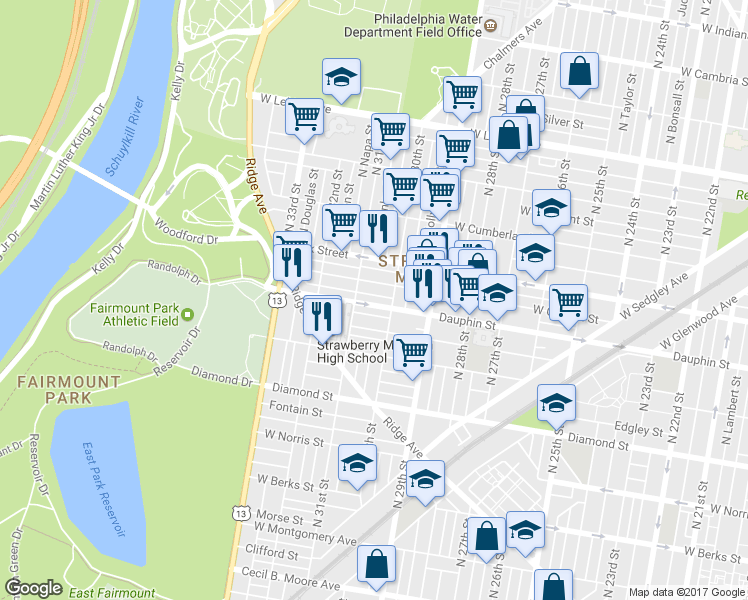 map of restaurants, bars, coffee shops, grocery stores, and more near 3023 West Dauphin Street in Philadelphia