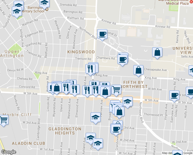 map of restaurants, bars, coffee shops, grocery stores, and more near 1545 King Avenue in Columbus