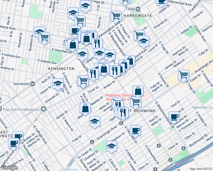 map of restaurants, bars, coffee shops, grocery stores, and more near 2084 East Lippincott Street in Philadelphia