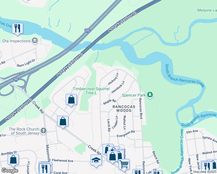 map of restaurants, bars, coffee shops, grocery stores, and more near 407 Hickory Lane in Mount Laurel Township