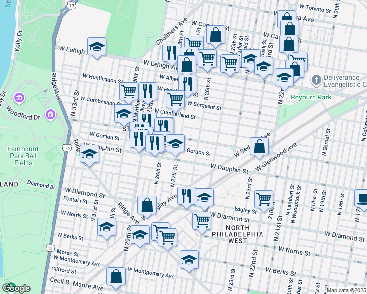 map of restaurants, bars, coffee shops, grocery stores, and more near 2644 West Arizona Street in Philadelphia