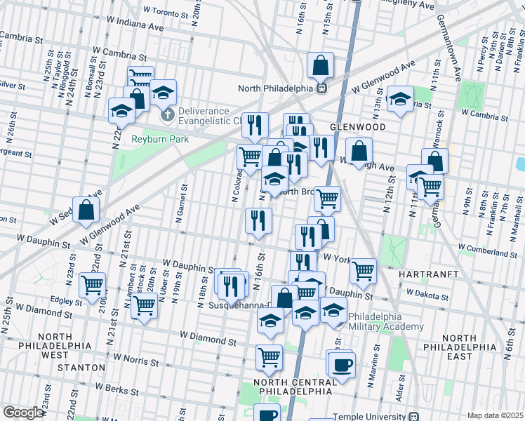 map of restaurants, bars, coffee shops, grocery stores, and more near 2503 North Bancroft Street in Philadelphia