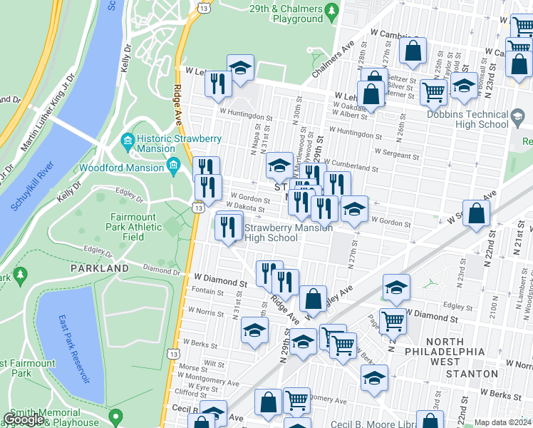 map of restaurants, bars, coffee shops, grocery stores, and more near 3023 West Dauphin Street in Philadelphia