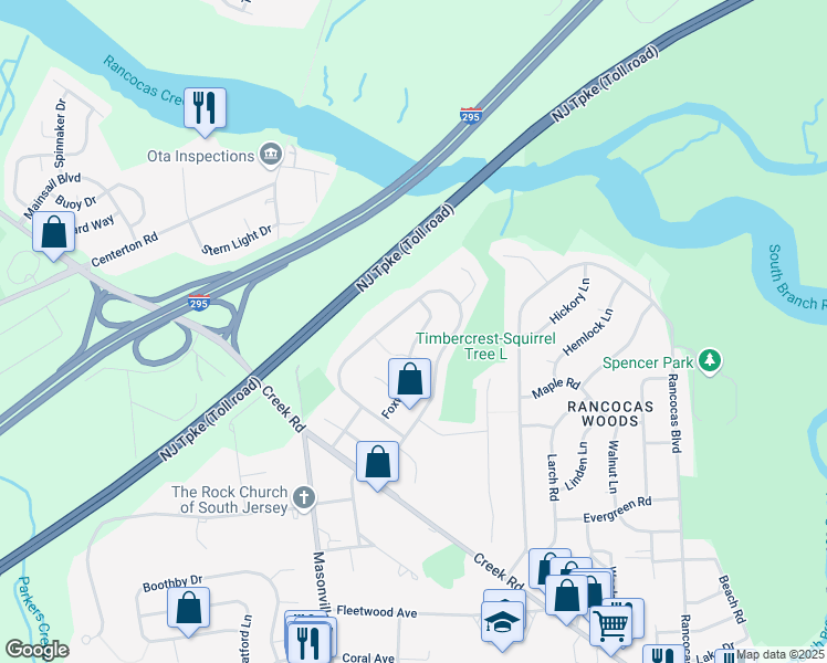 map of restaurants, bars, coffee shops, grocery stores, and more near 525 Foxwood Drive in Mount Laurel Township