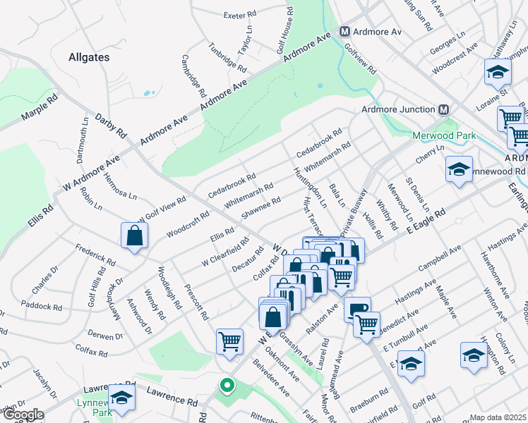 map of restaurants, bars, coffee shops, grocery stores, and more near 27 Shawnee Road in Ardmore
