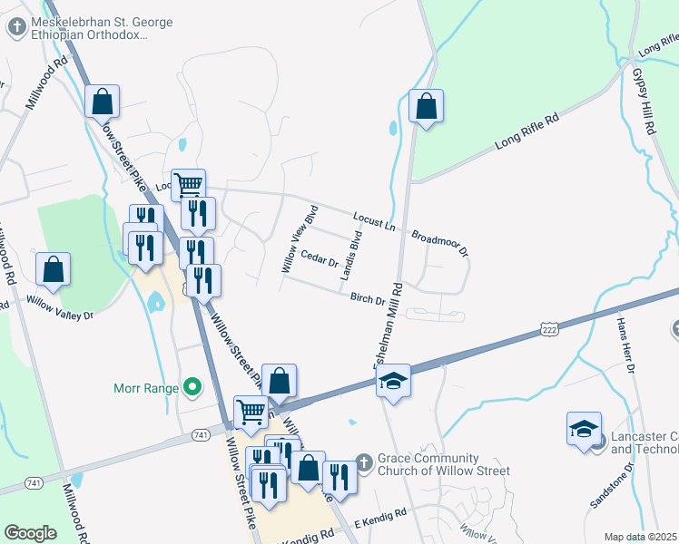 map of restaurants, bars, coffee shops, grocery stores, and more near 29 Cedar Drive in Willow Street