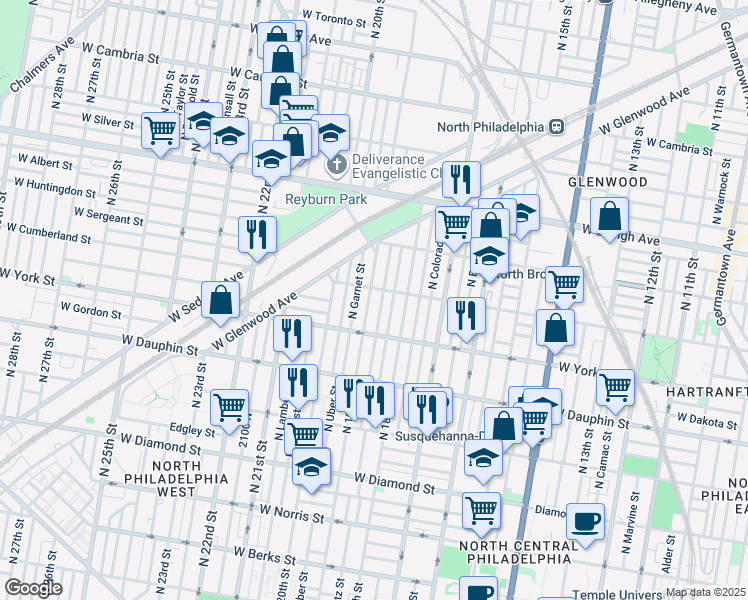 map of restaurants, bars, coffee shops, grocery stores, and more near 2449 North 19th Street in Philadelphia