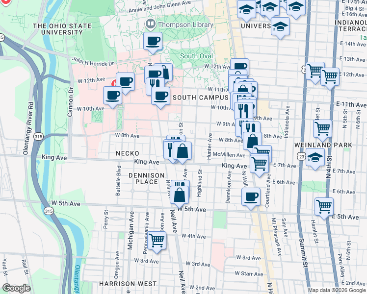 map of restaurants, bars, coffee shops, grocery stores, and more near 1466 Worthington Street in Columbus