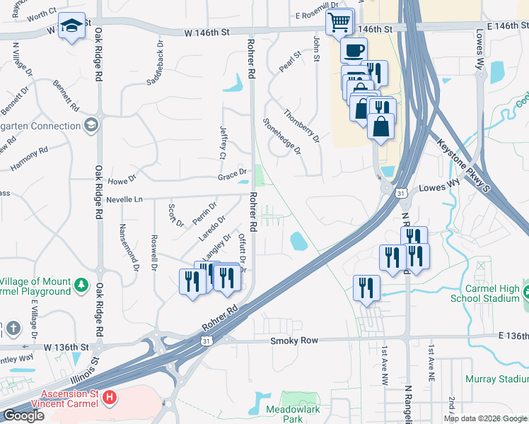 map of restaurants, bars, coffee shops, grocery stores, and more near 1201 Rohrer Road in Carmel