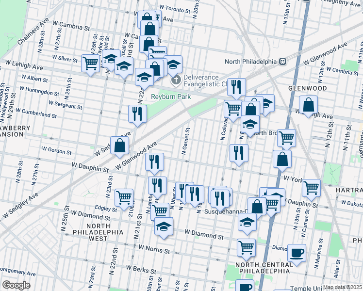 map of restaurants, bars, coffee shops, grocery stores, and more near 2447 N Opal St in Philadelphia