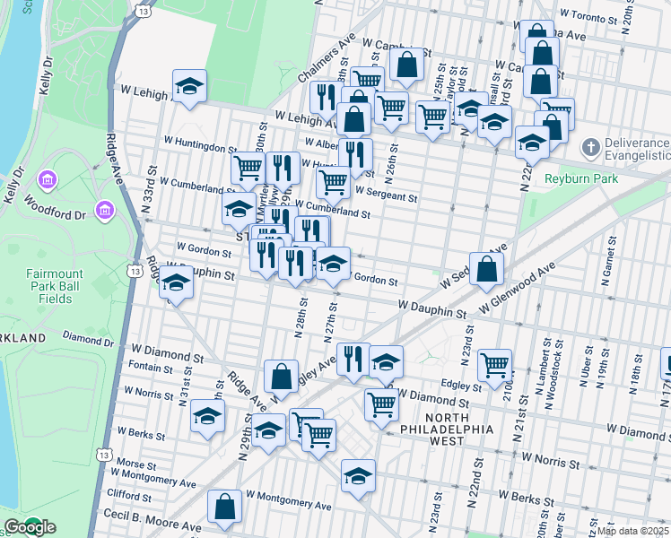 map of restaurants, bars, coffee shops, grocery stores, and more near 2328 North 27th Street in Philadelphia