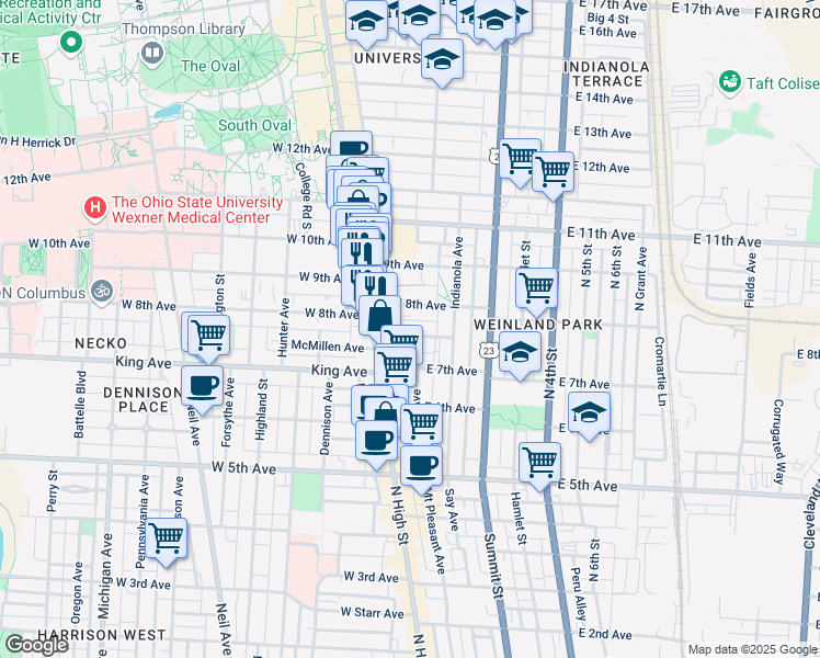 map of restaurants, bars, coffee shops, grocery stores, and more near 52 Euclid Avenue in Columbus