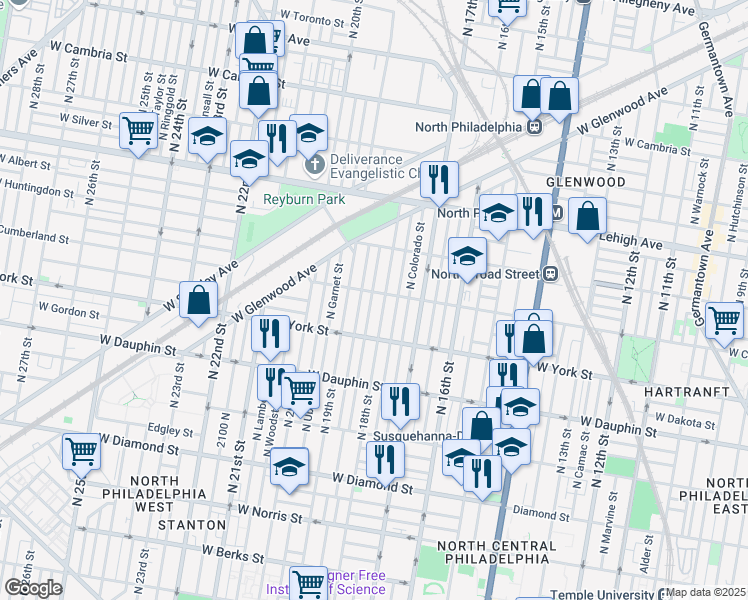 map of restaurants, bars, coffee shops, grocery stores, and more near 2461 North Cleveland Street in Philadelphia