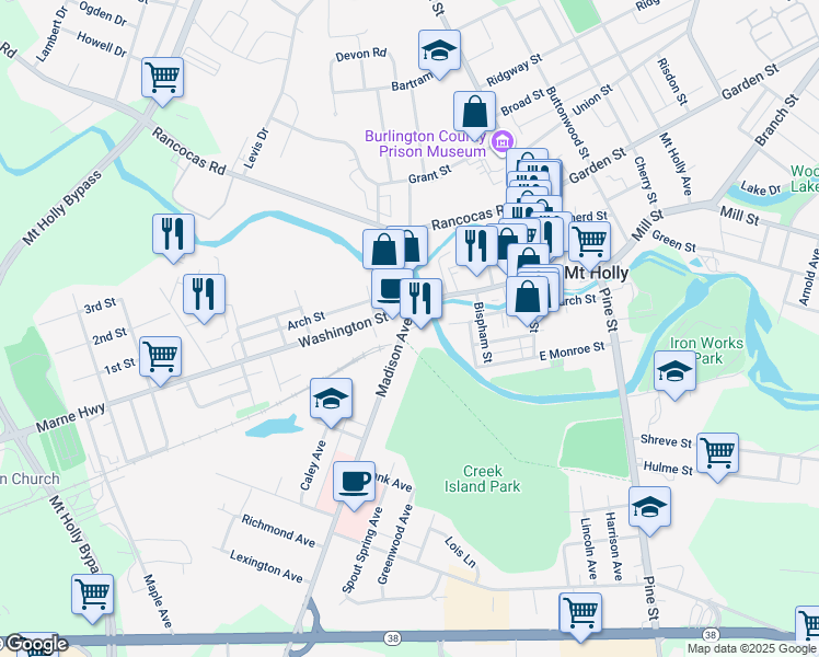map of restaurants, bars, coffee shops, grocery stores, and more near 19 Madison Avenue in Mount Holly