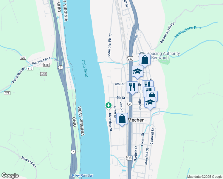 map of restaurants, bars, coffee shops, grocery stores, and more near 417 Grant St in McMechen