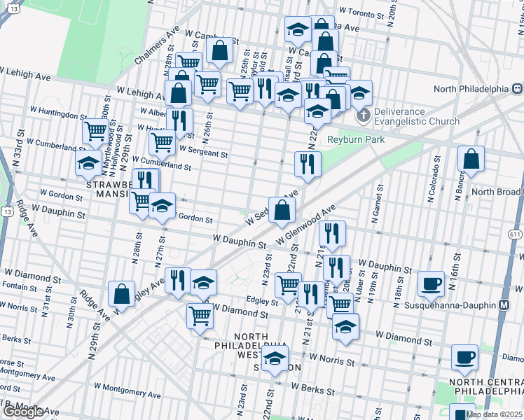 map of restaurants, bars, coffee shops, grocery stores, and more near 2319 West Sedgley Avenue in Philadelphia