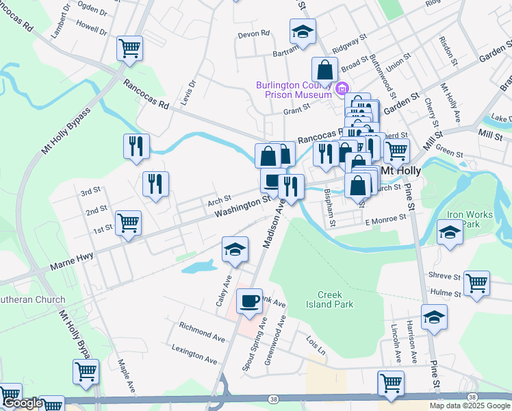 map of restaurants, bars, coffee shops, grocery stores, and more near 140 Washington Street in Mount Holly