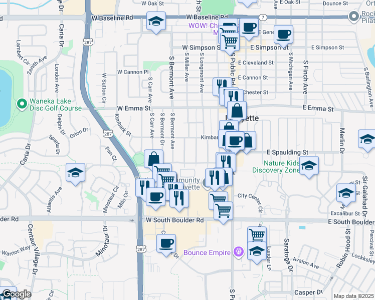 map of restaurants, bars, coffee shops, grocery stores, and more near 710 South Miller Avenue in Lafayette
