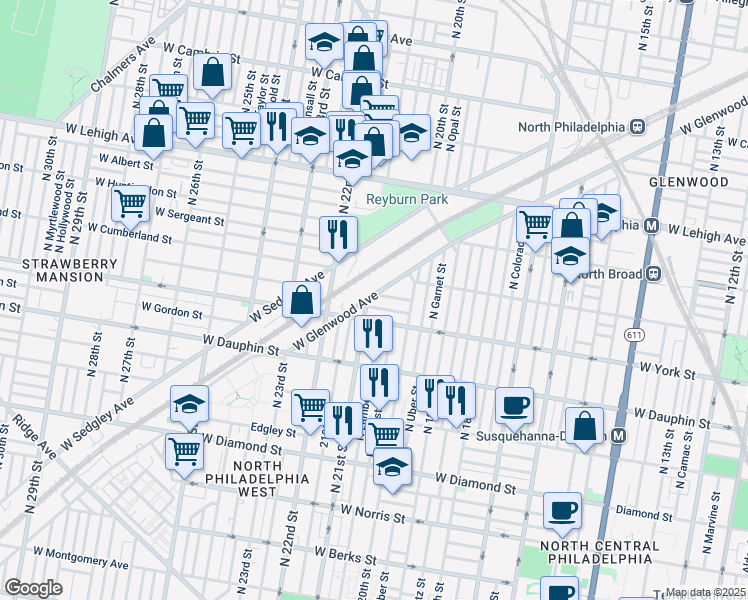 map of restaurants, bars, coffee shops, grocery stores, and more near 2070 West Glenwood Avenue in Philadelphia