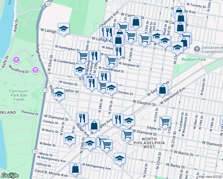 map of restaurants, bars, coffee shops, grocery stores, and more near 2739 West Gordon Street in Philadelphia