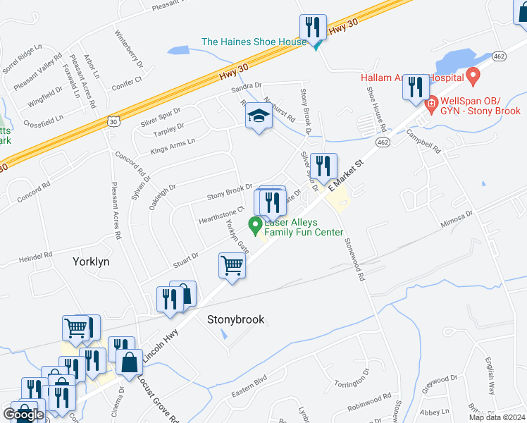 map of restaurants, bars, coffee shops, grocery stores, and more near 3922 Eastgate Drive in York
