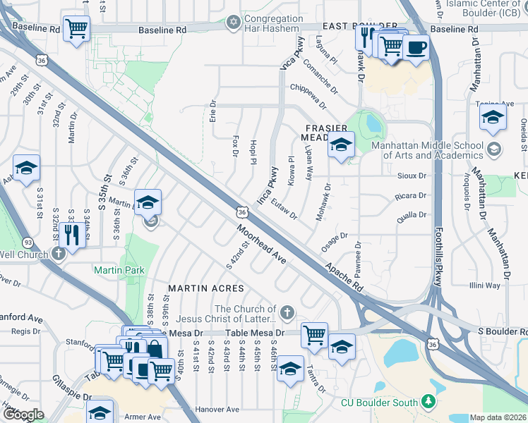 map of restaurants, bars, coffee shops, grocery stores, and more near 100 Inca Parkway in Boulder