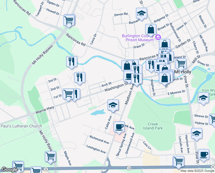 map of restaurants, bars, coffee shops, grocery stores, and more near 197 Washington Street in Mount Holly