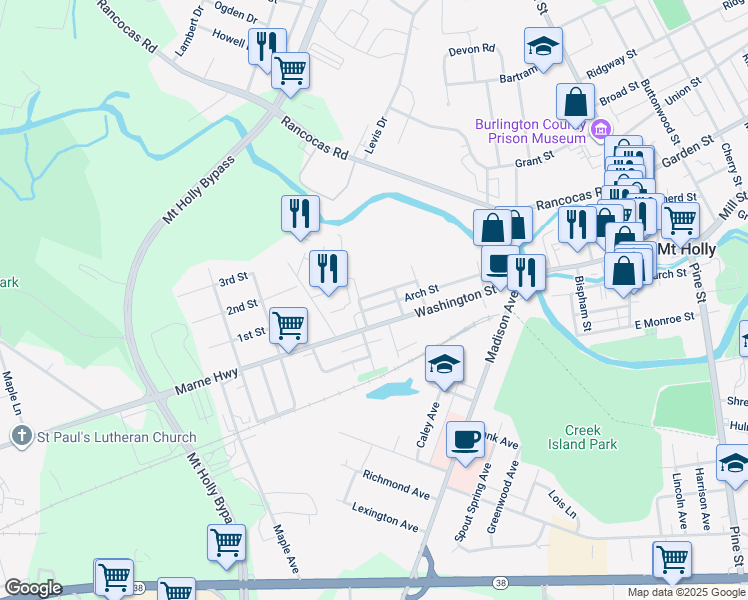 map of restaurants, bars, coffee shops, grocery stores, and more near 244 Chestnut Street in Mount Holly