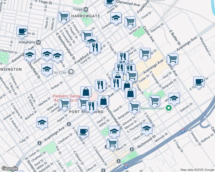 map of restaurants, bars, coffee shops, grocery stores, and more near 3319 Agate Street in Philadelphia