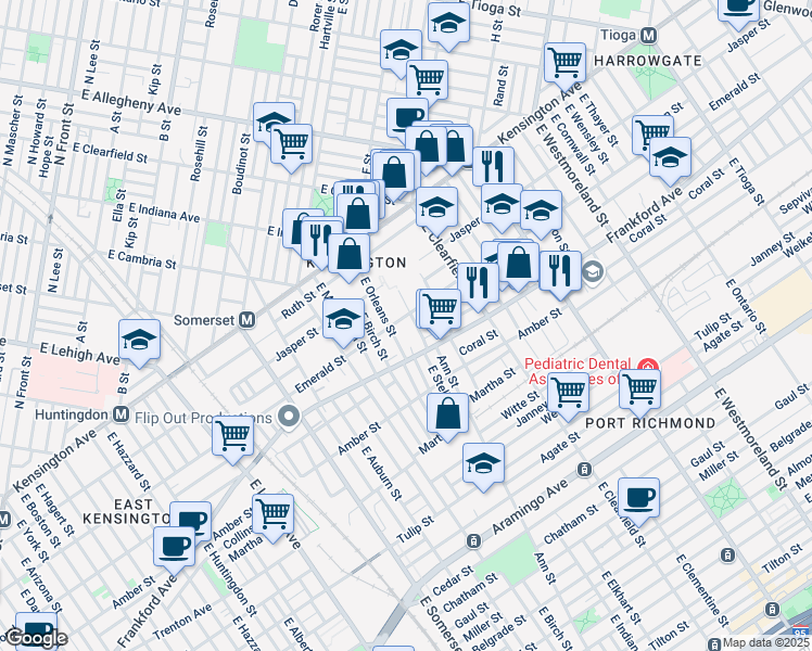 map of restaurants, bars, coffee shops, grocery stores, and more near 2017 East Stella Street in Philadelphia