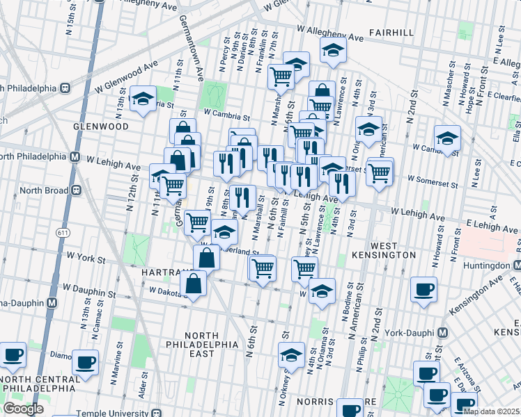 map of restaurants, bars, coffee shops, grocery stores, and more near 2630 North 6th Street in Philadelphia