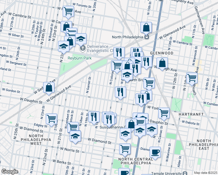 map of restaurants, bars, coffee shops, grocery stores, and more near 2466 N Colorado St in Philadelphia
