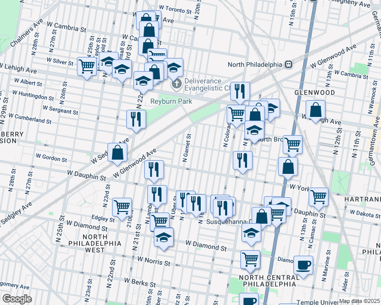 map of restaurants, bars, coffee shops, grocery stores, and more near 2446 North 19th Street in Philadelphia