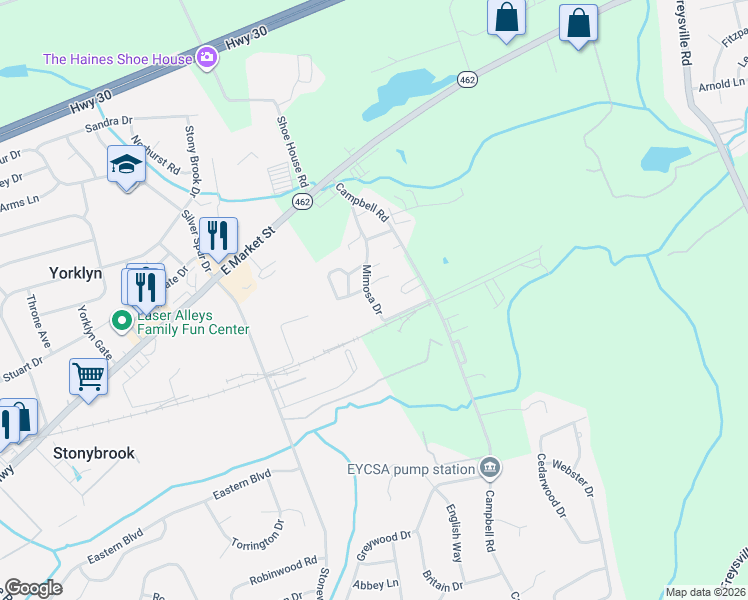 map of restaurants, bars, coffee shops, grocery stores, and more near 118 Mimosa Drive in York