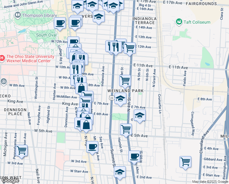 map of restaurants, bars, coffee shops, grocery stores, and more near 1392 Summit Street in Columbus