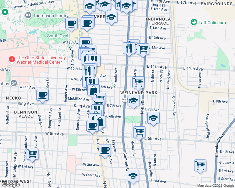 map of restaurants, bars, coffee shops, grocery stores, and more near 1393 Peters Alley in Columbus