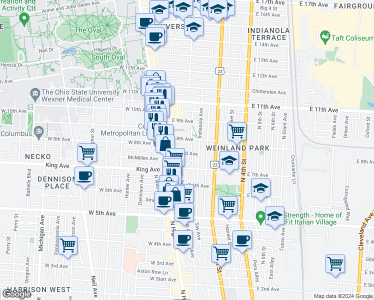 map of restaurants, bars, coffee shops, grocery stores, and more near 80 Euclid Avenue in Columbus