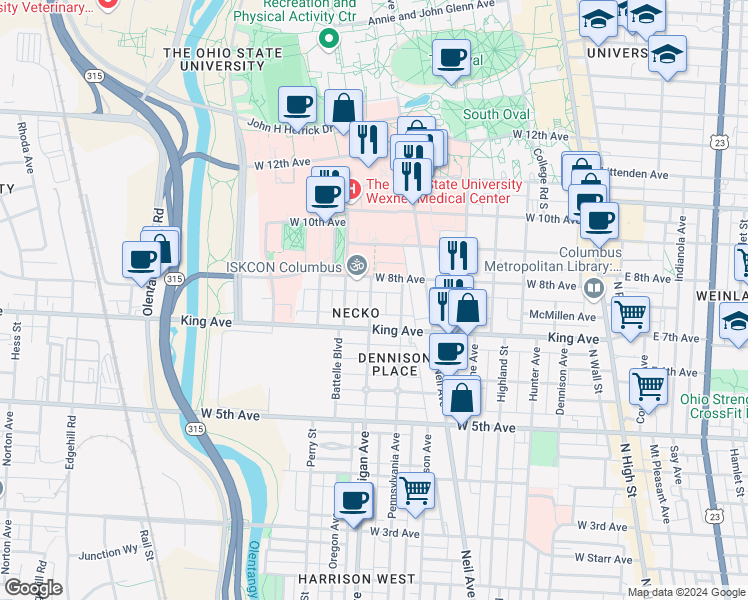 map of restaurants, bars, coffee shops, grocery stores, and more near 1484 Michigan Avenue in Columbus
