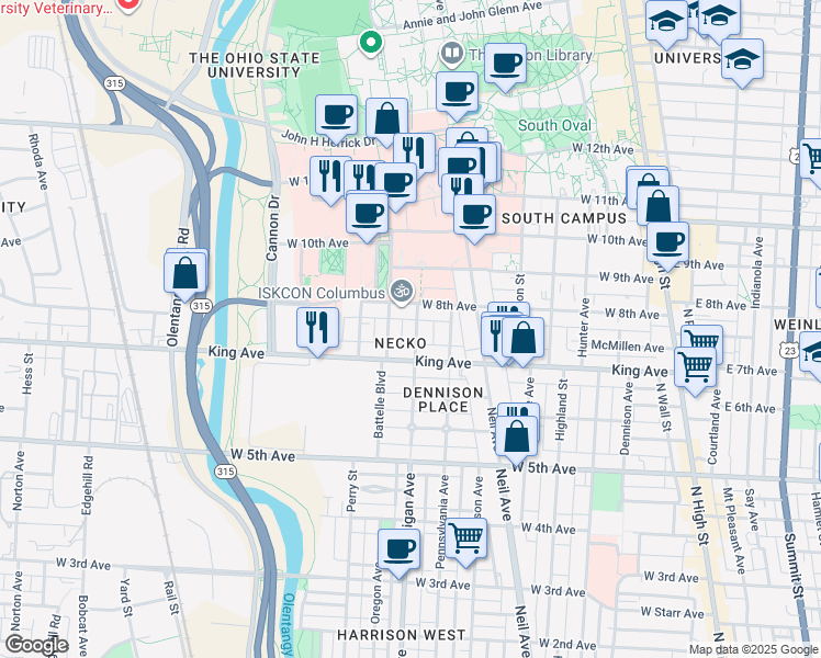 map of restaurants, bars, coffee shops, grocery stores, and more near 1484 Michigan Avenue in Columbus