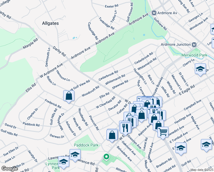map of restaurants, bars, coffee shops, grocery stores, and more near 11 Whitemarsh Road in Ardmore